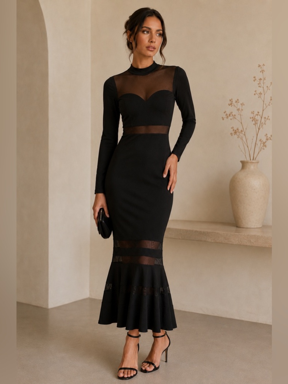 MABLE Black Mesh Illusion Long Sleeve Mermaid Midi Maxi Dress Gown S